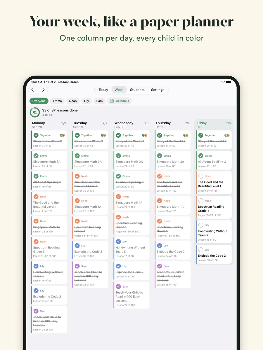 Lesson Garden on iPad showing a week laid out like a paper planner, one column per day with every child's lessons in color