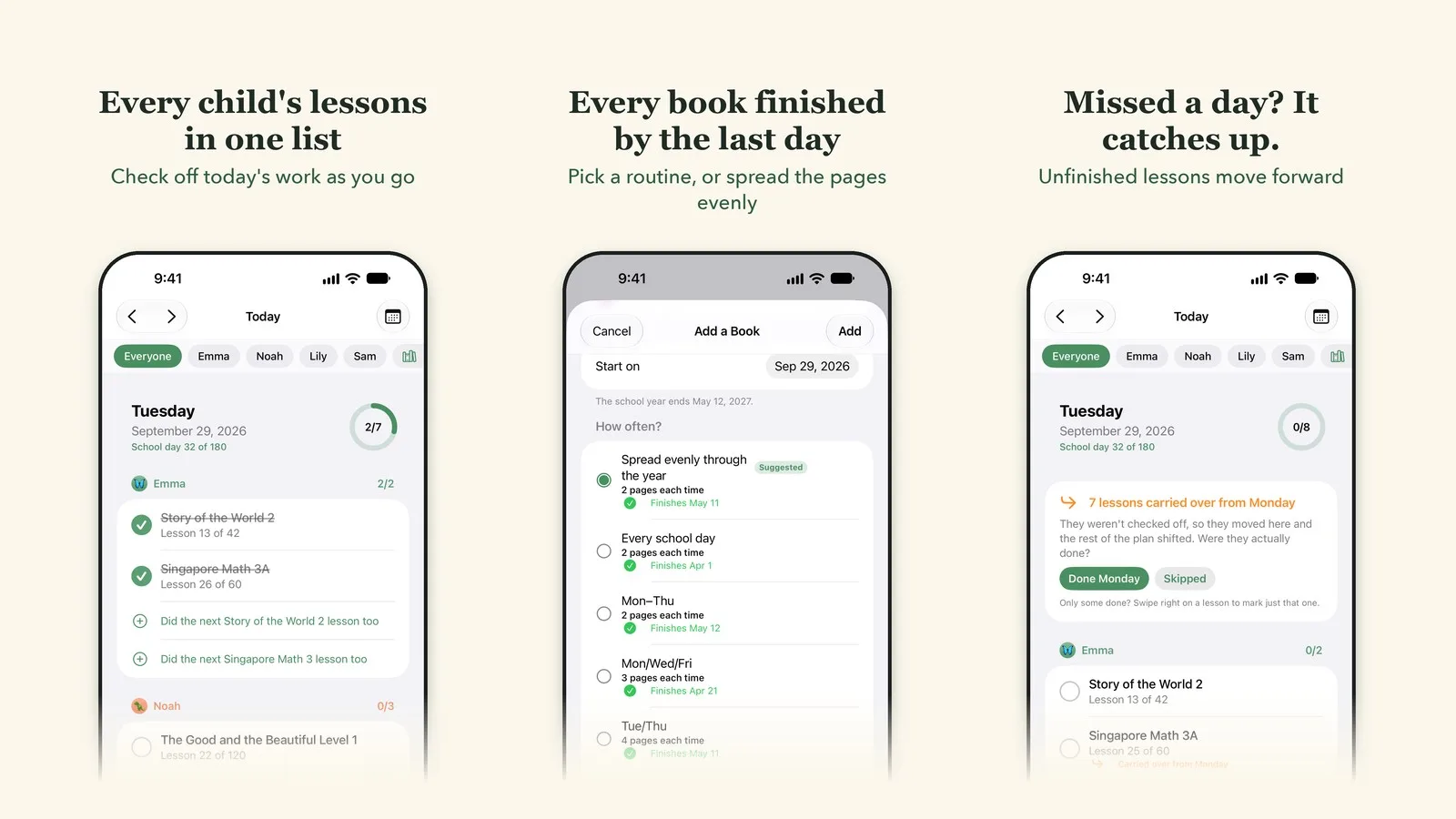 Three Lesson Garden iPhone screens: a daily checklist of each child's lessons, a list of weekly routines with the date each would finish a book, and a notice that unfinished lessons carried over from the day before