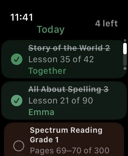 Lesson Garden on Apple Watch showing today's lessons with four left to do