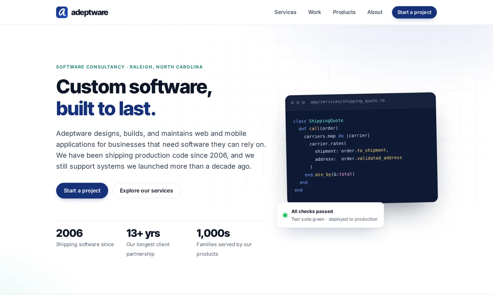 The new Adeptware home page, with the headline Custom software, built to last, and a code sample showing a Ruby shipping quote class