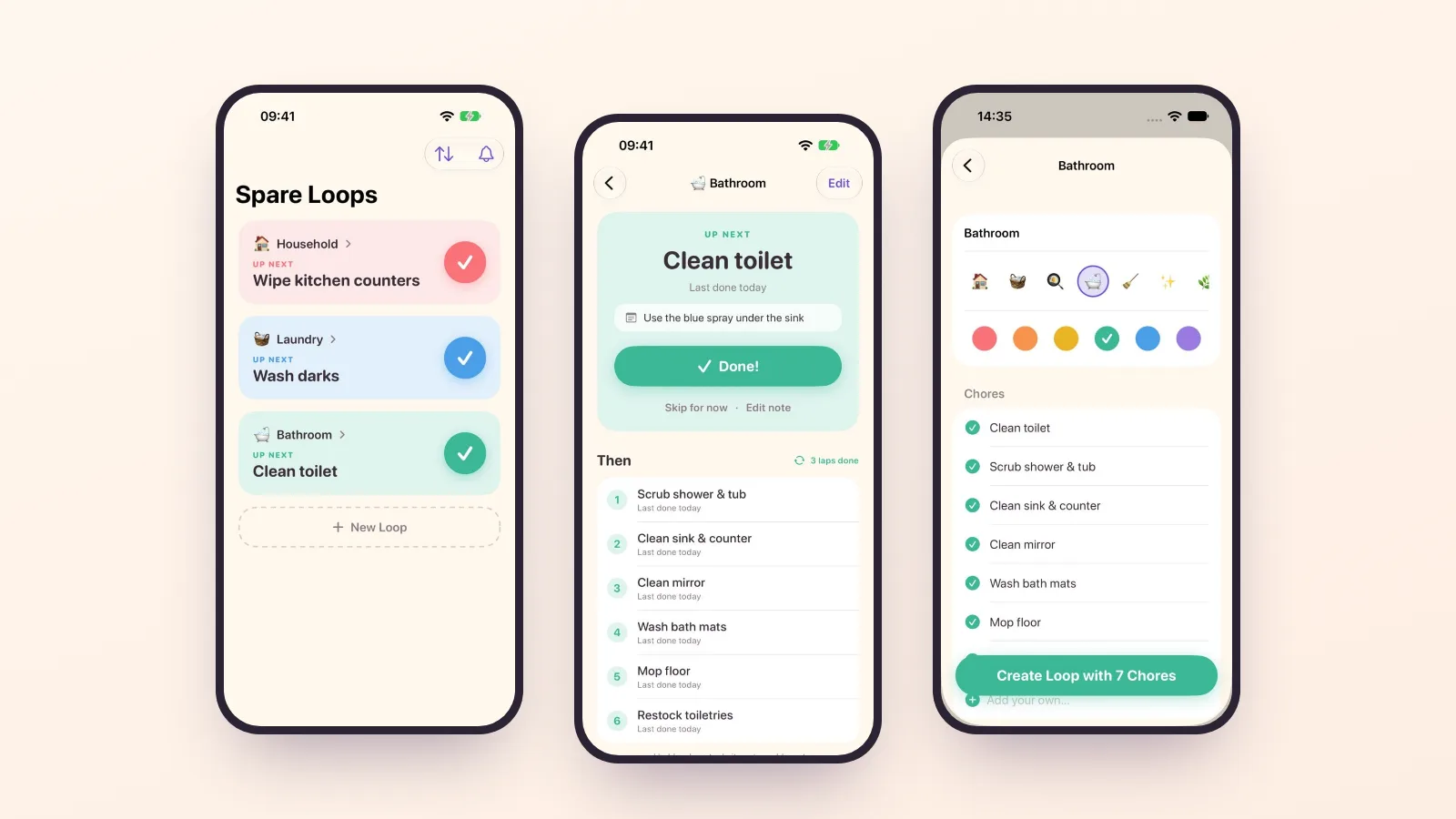 Three Spare Loops iPhone screens: the home screen with Household, Laundry, and Bathroom loops, the Bathroom loop with Clean toilet up next and a Done button, and a new Bathroom loop being set up from suggested chores