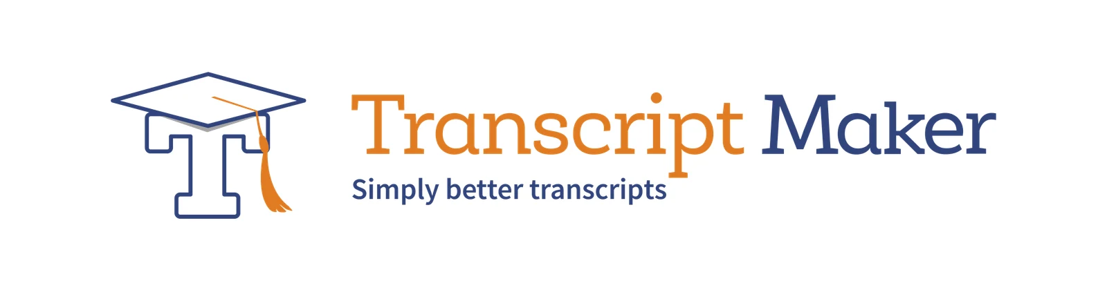 The new Transcript Maker logo: a collegiate T wearing a graduation cap with an orange tassel, next to the name Transcript Maker and the tagline Simply better transcripts