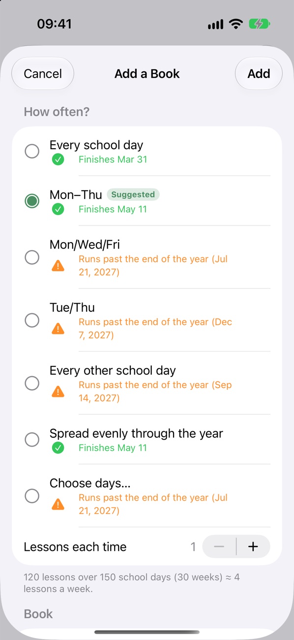 Lesson Garden's Add a Book screen comparing weekly routines, with Monday through Thursday suggested because it finishes by May 11
