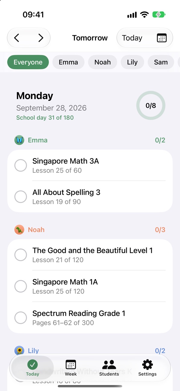Lesson Garden's Today view listing each child's lessons for the day with a progress ring