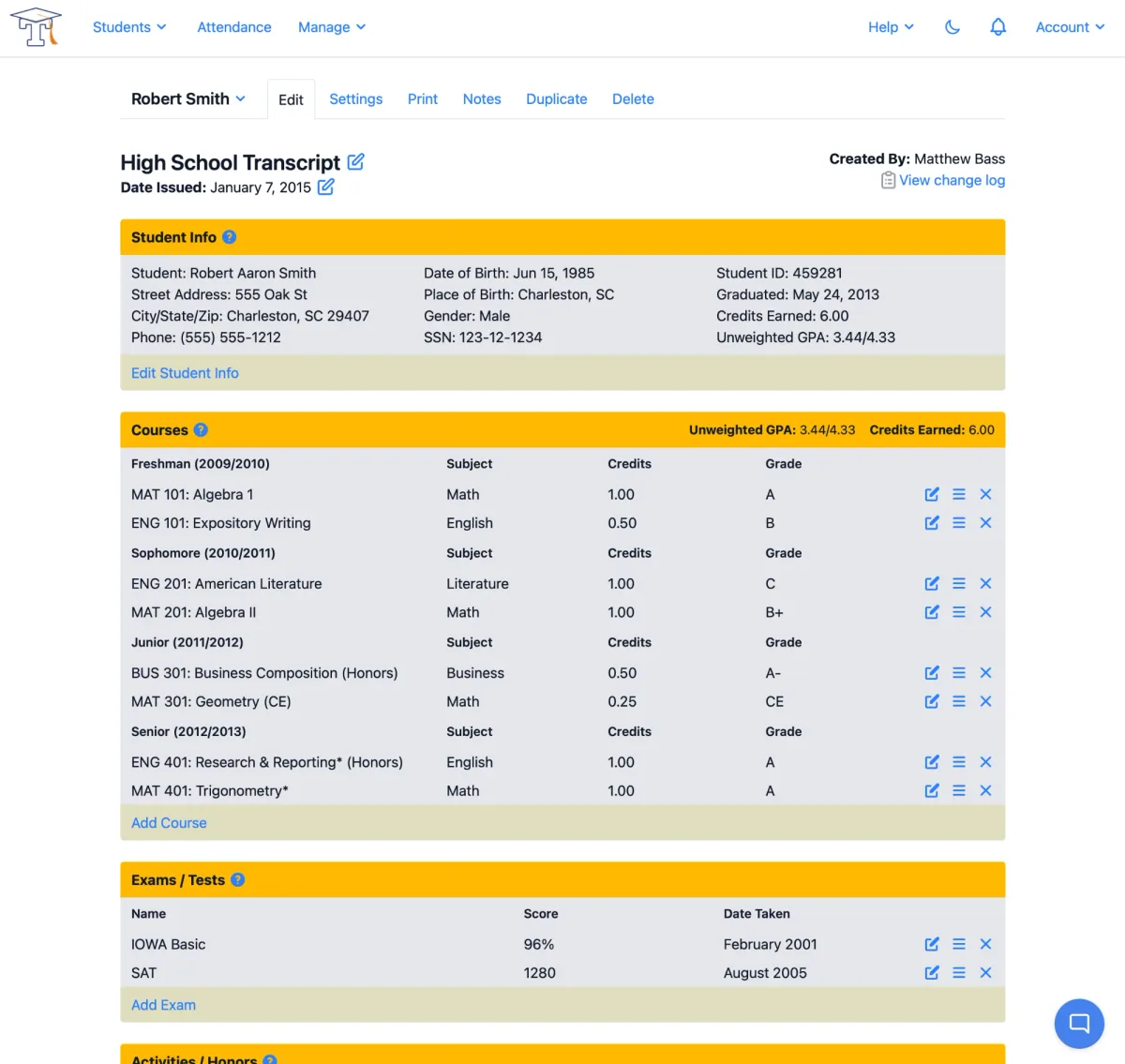 Transcript Maker's transcript editor showing student information, courses grouped by grade level with credits and grades, and exam scores