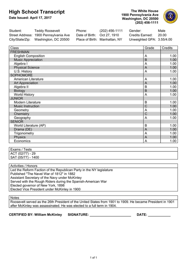A sample printed high school transcript from Transcript Maker listing courses, grades, and credits by grade level